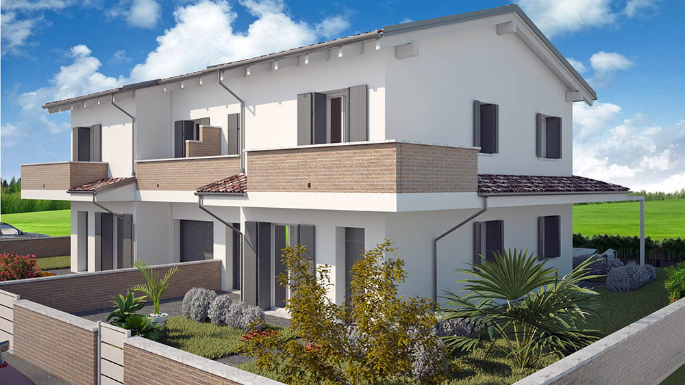 Bifamiliare con giardino e cielo azzurro