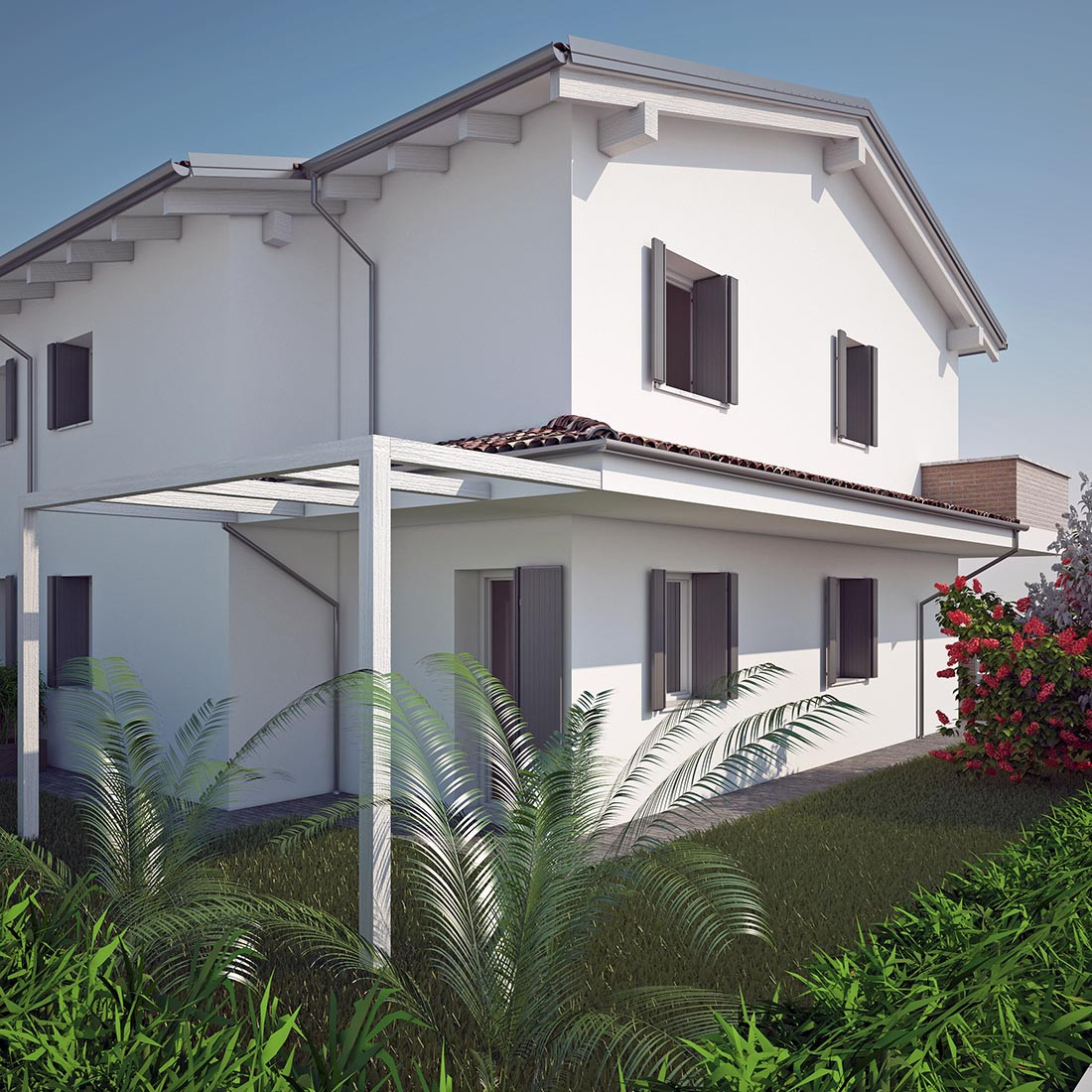 Dettaglio di bifamiliare classica bianca con pergola
