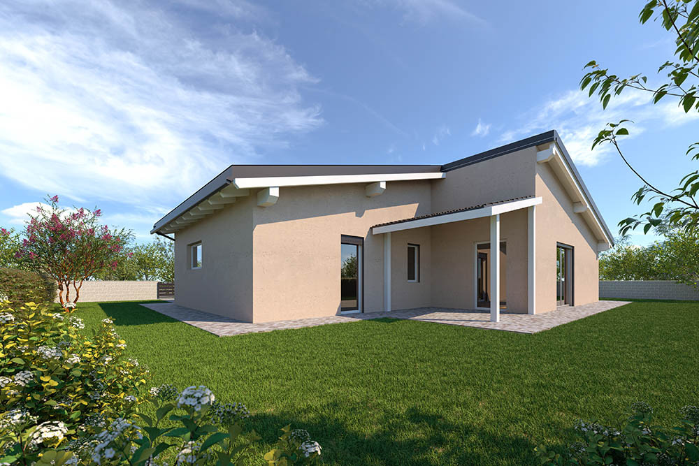 Villa Filomena prefabbricata retro con portico e giardino