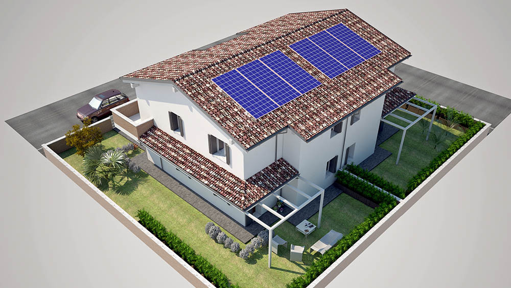 Vista dall’alto di bifamiliare con fotovoltaico e giardino