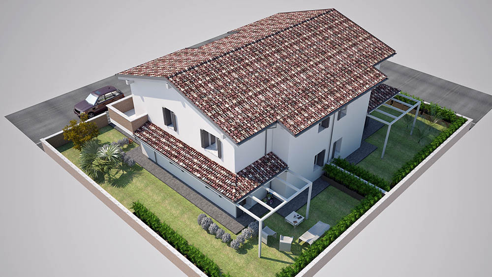 Vista dall’alto di bifamiliare con tetto a falde e giardino con sedie